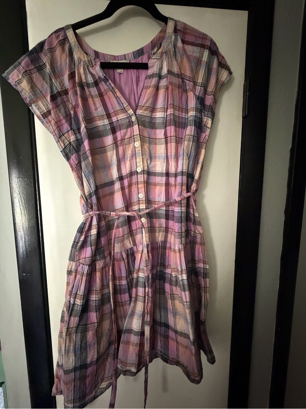 LOFT Pink Lavender Plaid Button-Front Tie-Waist Mini Dress